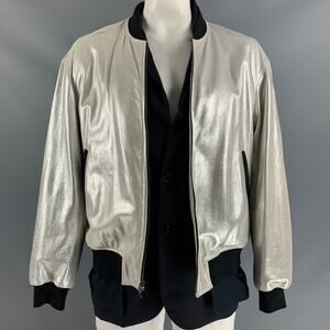 3.1 PHILLIP LIM Size L Silver Black Mixed Materials Bomber Jacket